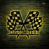 Custom Checkered Flag Racing Monogram Metal Sign With Led Lights, Racing Gift Metal Wall Art, Personalized Metal Race Flags Sign